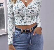Ruched Tie Front Ditsy Floral Crop Tee