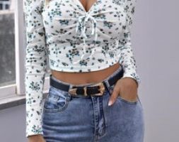 Ruched Tie Front Ditsy Floral Crop Tee