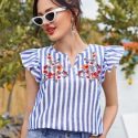 Ruffle Armhole Flower Embroidered Striped Top