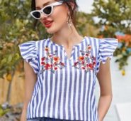 Ruffle Armhole Flower Embroidered Striped Top