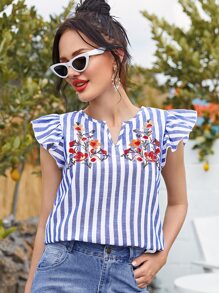 Ruffle Armhole Flower Embroidered Striped Top