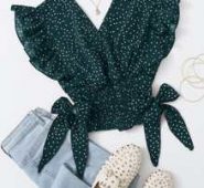 Ruffle Armhole Shirred Hem Polka-dot Top