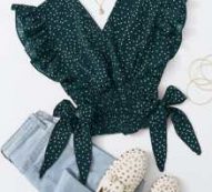 Ruffle Armhole Shirred Hem Polka-dot Top