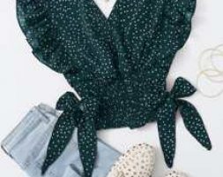 Ruffle Armhole Shirred Hem Polka-dot Top