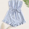 Ruffle Hem Belted Striped Tube Romper