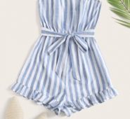 Ruffle Hem Belted Striped Tube Romper