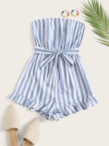 Ruffle Hem Belted Striped Tube Romper