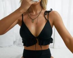 Ruffle Hem Triangle High Waisted Bikini Swimsuit