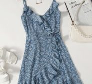 Ruffle Trim Wrap Tie Side Ditsy Floral Slip Dress