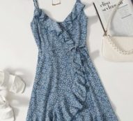 Ruffle Trim Wrap Tie Side Ditsy Floral Slip Dress