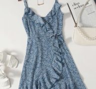 Ruffle Trim Wrap Tie Side Ditsy Floral Slip Dress