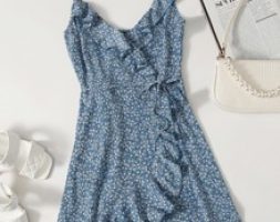 Ruffle Trim Wrap Tie Side Ditsy Floral Slip Dress