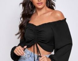 Ruffled Off-the-Shoulder Ruched Crop Top