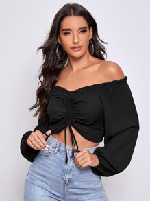 Ruffled Off-the-Shoulder Ruched Crop Top