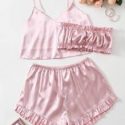 Satin Cami Top With Tube & Frill Trim Shorts Night Set