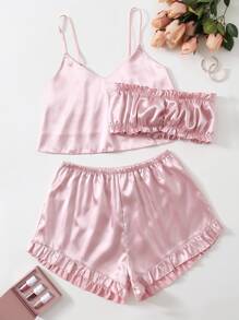 Satin Cami Top With Tube & Frill Trim Shorts Night Set