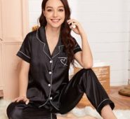 Satin Heart Print Pocket Piping Trim PJ Set