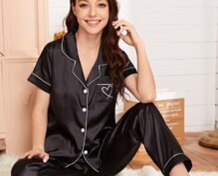 Satin Heart Print Pocket Piping Trim PJ Set