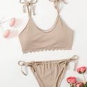 Scallop Trim Tie Shoulder Bikini Swimsuit