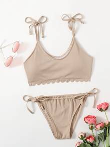 Scallop Trim Tie Shoulder Bikini Swimsuit