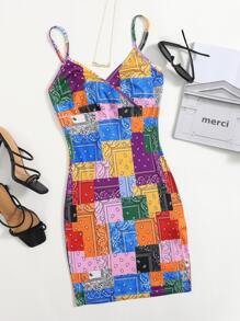 Scarf Print Surplice Neck Bodycon Dress