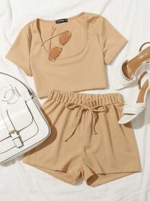 Scoop Neck Crop Tee & Tie Waist Shorts Set