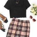 Scoop Neck Lettuce Trim Crop Tee & Split Hem Plaid Skirt Set