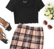 Scoop Neck Lettuce Trim Crop Tee & Split Hem Plaid Skirt Set