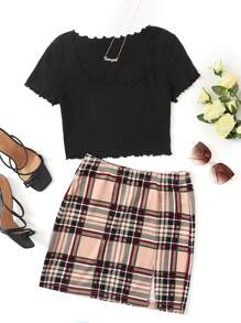 Scoop Neck Lettuce Trim Crop Tee & Split Hem Plaid Skirt Set