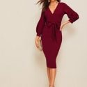 Self Belted Split Hem Surplice Wrap Dress