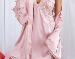 Sheer Lace Insert Satin Night Set