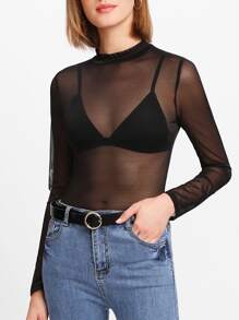 Sheer Mesh Mock Neck Top