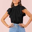 Shirred Neck Ruffle Armhole Top