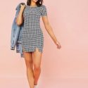 Short Sleeve M-slit Hem Buffalo Plaid Dress