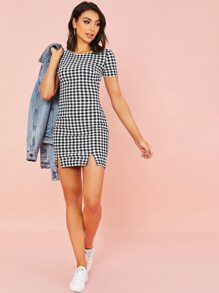 Short Sleeve M-slit Hem Buffalo Plaid Dress