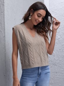 Shoulder Pad Cable Knit Sweater Vest