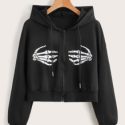 Skeleton Graphic Zip Up Drawstring Hoodie