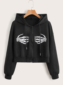 Skeleton Graphic Zip Up Drawstring Hoodie