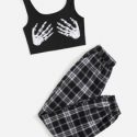 Skeleton Print Cami Top & Plaid Sweatpants