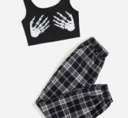 Skeleton Print Cami Top & Plaid Sweatpants