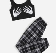 Skeleton Print Cami Top & Plaid Sweatpants
