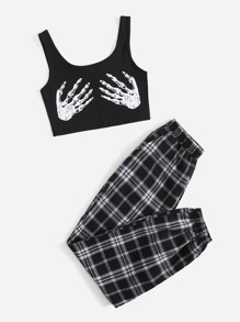 Skeleton Print Cami Top & Plaid Sweatpants