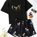 Skeleton Print Tee & Shorts PJ Set