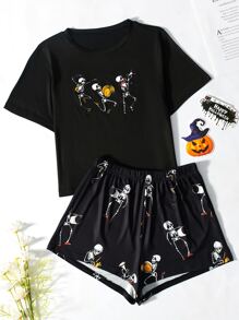 Skeleton Print Tee & Shorts PJ Set