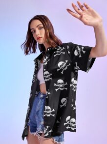 Skull Print Button Front Blouse