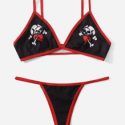 Skull Print Contrast Binding Lingerie Set