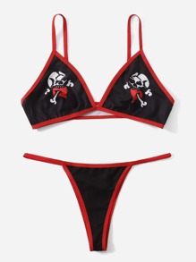 Skull Print Contrast Binding Lingerie Set