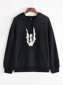 Skull Print Kangaroo Pocket Drawstring Hoodie