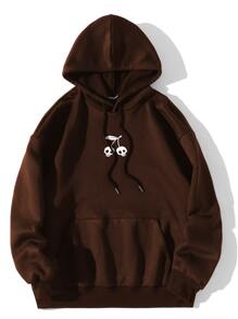 Skull Print Kangaroo Pocket Drawstring Hoodie