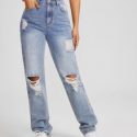 Slant Pocket Ripped Straight Jeans